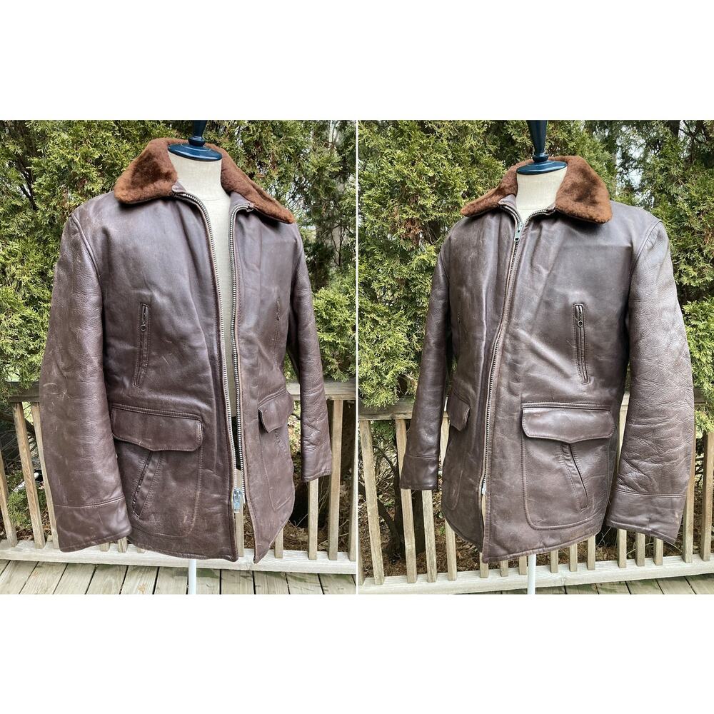 1940s Front Quarter Horsehide Shearling Lining Leather Coat Jacket 44 Vintage